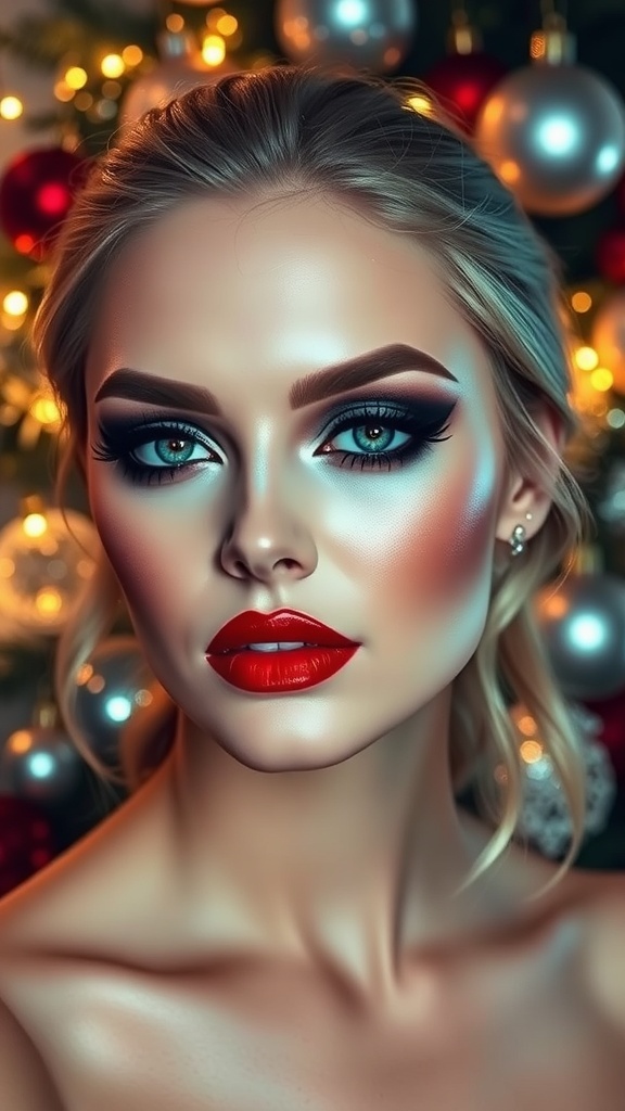 Glamorous Dark Christmas Makeup Look Glamorous dark Christmas makeup with smoky eyes and red lips, set against a festive background.